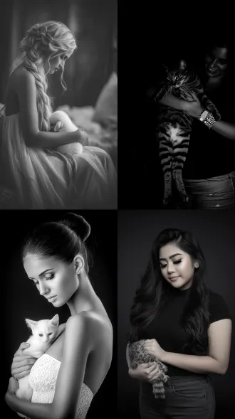 女人抱着一只猫，大师风格，黑白胶片，暗调背景，柔和侧光，高对比度，中性色调，经典构图，深沉氛围，自然光影，人物特写，微妙阴影，胶片噪点，情感传达，静谧场景，高光细节，深邃表情，艺术摄影，高锐度，暗角效果，情绪张力。8k