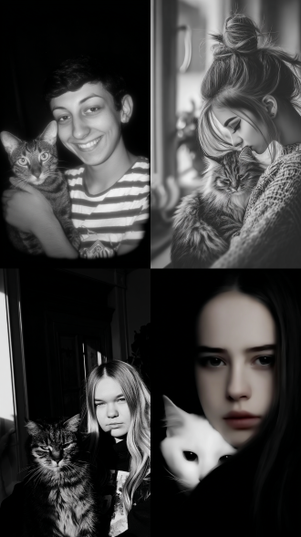 女人抱着一只猫，大师风格，黑白胶片，暗调背景，柔和侧光，高对比度，中性色调，经典构图，深沉氛围，自然光影，人物特写，微妙阴影，胶片噪点，情感传达，静谧场景，高光细节，深邃表情，艺术摄影，高锐度，暗角效果，情绪张力。8k