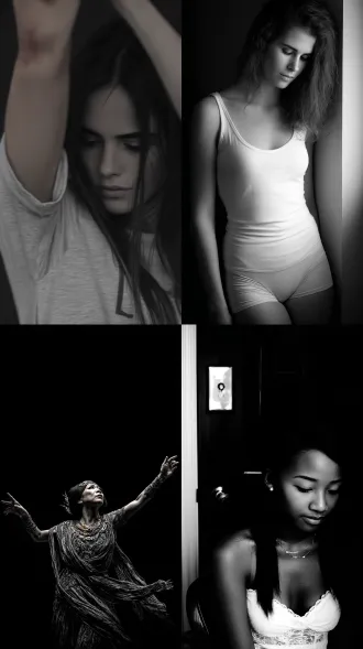 女人跳舞，大师风格，黑白胶片，暗调背景，柔和侧光，高对比度，中性色调，经典构图，深沉氛围，自然光影，人物特写，微妙阴影，胶片噪点，情感传达，静谧场景，高光细节，深邃表情，艺术摄影，高锐度，暗角效果，情绪张力。8k