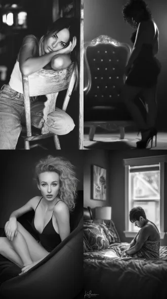 女人，一把椅子 一张床，大师风格，黑白胶片，暗调背景，柔和侧光，高对比度，中性色调，经典构图，深沉氛围，自然光影，人物特写，微妙阴影，胶片噪点，情感传达，静谧场景，高光细节，深邃表情，艺术摄影，高锐度，暗角效果，情绪张力。8k