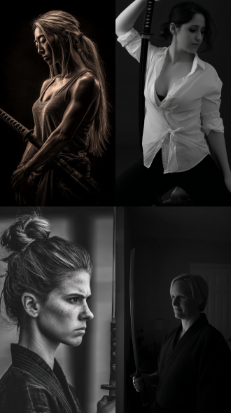 女人穿着武士衣服，拿着武士剑，没有戴头盔，大师风格，黑白胶片，暗调背景，柔和侧光，高对比度，中性色调，经典构图，深沉氛围，自然光影，人物特写，微妙阴影，胶片噪点，情感传达，静谧场景，高光细节，深邃表情，艺术摄影，高锐度，暗角效果，情绪张力。8k