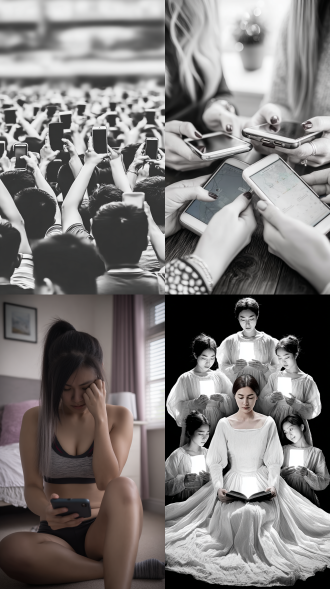 一群人拿着手机拍，女人跪在房间地上，不出现一群人，只看见拿手机的手，大师风格，黑白胶片，暗调背景，柔和侧光，高对比度，中性色调，经典构图，深沉氛围，自然光影，人物特写，微妙阴影，胶片噪点，情感传达，静谧场景，高光细节，深邃表情，艺术摄影，高锐度，暗角效果，情绪张力。8k