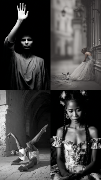 女人，街道，跳舞，大师风格，黑白胶片，暗调背景，柔和侧光，高对比度，中性色调，经典构图，深沉氛围，自然光影，人物特写，微妙阴影，胶片噪点，情感传达，静谧场景，高光细节，深邃表情，艺术摄影，高锐度，暗角效果，情绪张力。8k