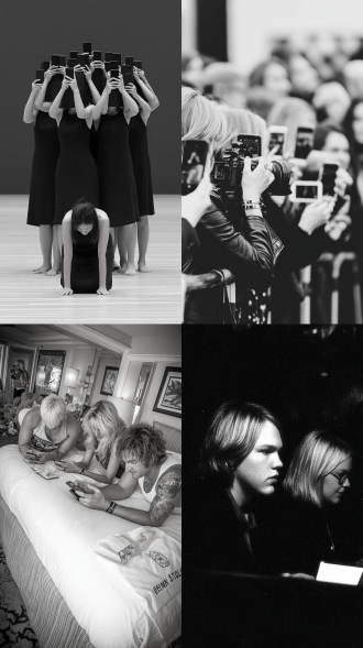 一群人拿着手机拍一个女人，这个女人跪在房间地上，不出现一群人，只看见拿手机的手，大师风格，黑白胶片，暗调背景，柔和侧光，高对比度，中性色调，经典构图，深沉氛围，自然光影，人物特写，微妙阴影，胶片噪点，情感传达，静谧场景，高光细节，深邃表情，艺术摄影，高锐度，暗角效果，情绪张力。8k