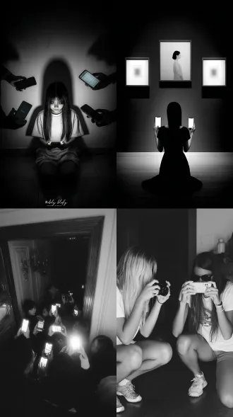 一群人拿着手机拍一个女人，这个女人跪在房间地上，不出现一群人，只看见拿手机的手，大师风格，黑白胶片，暗调背景，柔和侧光，高对比度，中性色调，经典构图，深沉氛围，自然光影，人物特写，微妙阴影，胶片噪点，情感传达，静谧场景，高光细节，深邃表情，艺术摄影，高锐度，暗角效果，情绪张力。8k