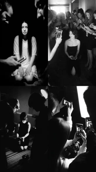 一群人拿着手机拍一个女人，这个女人跪在房间地上，不出现一群人，只看见拿手机的手，大师风格，黑白胶片，暗调背景，柔和侧光，高对比度，中性色调，经典构图，深沉氛围，自然光影，人物特写，微妙阴影，胶片噪点，情感传达，静谧场景，高光细节，深邃表情，艺术摄影，高锐度，暗角效果，情绪张力。8k