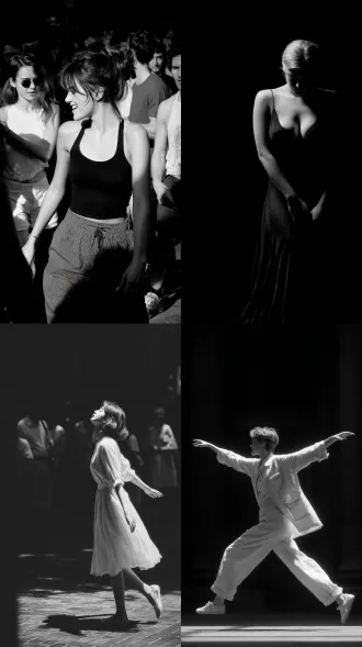 女人，街道，跳舞，大师风格，黑白胶片，暗调背景，柔和侧光，高对比度，中性色调，经典构图，深沉氛围，自然光影，人物特写，微妙阴影，胶片噪点，情感传达，静谧场景，高光细节，深邃表情，艺术摄影，高锐度，暗角效果，情绪张力。8k