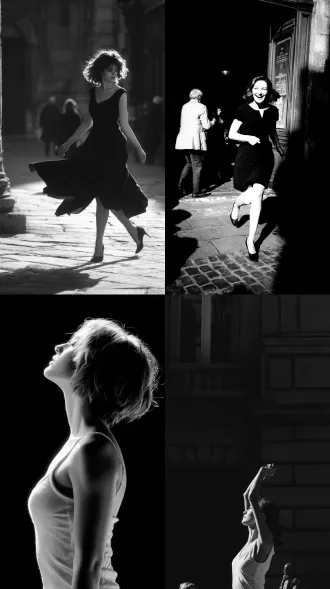 女人，街道，跳舞，大师风格，黑白胶片，暗调背景，柔和侧光，高对比度，中性色调，经典构图，深沉氛围，自然光影，人物特写，微妙阴影，胶片噪点，情感传达，静谧场景，高光细节，深邃表情，艺术摄影，高锐度，暗角效果，情绪张力。8k