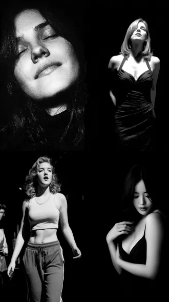 女人，街道，跳舞，大师风格，黑白胶片，暗调背景，柔和侧光，高对比度，中性色调，经典构图，深沉氛围，自然光影，人物特写，微妙阴影，胶片噪点，情感传达，静谧场景，高光细节，深邃表情，艺术摄影，高锐度，暗角效果，情绪张力。8k