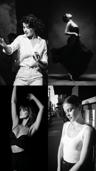 女人，街道，跳舞，大师风格，黑白胶片，暗调背景，柔和侧光，高对比度，中性色调，经典构图，深沉氛围，自然光影，人物特写，微妙阴影，胶片噪点，情感传达，静谧场景，高光细节，深邃表情，艺术摄影，高锐度，暗角效果，情绪张力。8k