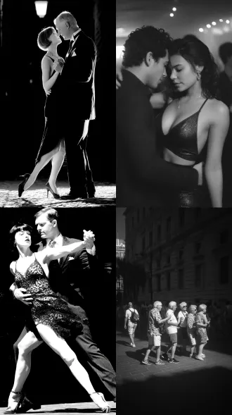 女人和男人跳舞，街道，大师风格，黑白胶片，暗调背景，柔和侧光，高对比度，中性色调，经典构图，深沉氛围，自然光影，人物特写，微妙阴影，胶片噪点，情感传达，静谧场景，高光细节，深邃表情，艺术摄影，高锐度，暗角效果，情绪张力。8k