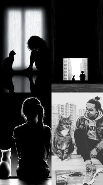 女人坐在窗台上，看着街道，旁边有一只猫，大师风格，黑白胶片，暗调背景，柔和侧光，高对比度，中性色调，经典构图，深沉氛围，自然光影，人物特写，微妙阴影，胶片噪点，情感传达，静谧场景，高光细节，深邃表情，艺术摄影，高锐度，暗角效果，情绪张力。8k