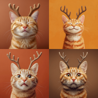 橘猫头像，头上有两只鹿角，橘猫好像在笑，纯色背景，和谐氛围，有点卡通