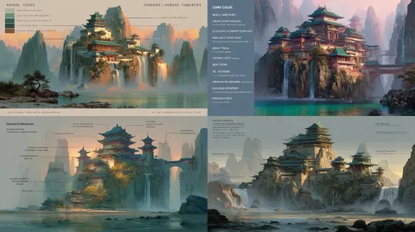 ### **画面逆向解析** 这张图是一张典型的「国风仙侠场景」ai 概念插画：悬崖之上层层叠叠的中式楼阁群，两侧巨瀑垂落汇入平静湖面，晨昏暖光从建筑背后透出，冷青雾色与暖金灯火形成强烈对冲。以下按六个维度拆解。 ### **核心主体** 画面主体是一座依崖而建的东方仙侠建筑群，并非单一单体，而是由中央主殿、左右配殿、临水栈桥与层叠平台共同构成的聚落。建筑呈标准中式古典形制：青灰瓦顶、白灰墙体、飞檐翘角、多层重檐，中央主殿规模最大、位置最高，向两侧逐级跌落，形成视觉上的"山城"错落感。 环境主体由三部分构成：身后是嶙峋陡峭的山岩与雾中远峰，左右各有数道瀑布从崖顶直泻而下，注入前方开阔平静的水面。前景是礁石、卵石浅滩与两侧的树木灌木，作为画面的视觉引导与尺度参照。 ### **风格定位** 整体属于**国风仙侠数字概念艺术（chinese xianxia concept art）**，介于电影场景概念设计与唯美古风插画之间。技法上接近哑光绘景（matte painting）与游戏过场动画场景，参考倾向为中国山水画的"高远、深远"意境叠加现代电影级光影渲染，类似《山海经》题材国漫海报、《黑神话》类东方奇幻场景的语言体系。写实度偏高，但保留明显的绘画性笔触，属于"半写实唯美"档位。 ### **色彩体系** 主色调是冷青蓝（水面、山岩阴影、雾气），辅助色为灰白与雾青（远峰、云气、石壁），点缀色是暖金橙（建筑灯火、晨昏霞光、光晕核心）。整体采用**低饱和高级灰 + 局部高亮暖色**的策略，通过冷暖对冲制造"清冷仙山中的一丝人间烟火"的情绪基调，观感清冷、空灵，又带有朝圣般的暖意。 | 色彩角色 | 色相倾向 | 画面落点 | |