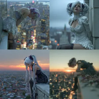 2.5d modeling, unreal engine 5 rendering, an anime beauty with white hair, wearing a long one - piece dress made of lightweight fabric, black stockings, purple hair accessories, leaning over and reclining on the balcony edge, head tilted slightly upward, with a desperate and sorrowful expression, cityscape and sunset in the background, creating a sorrowful and despairing atmosphere, high - quality, detailed, hyper - realistic, focus on the character's face.