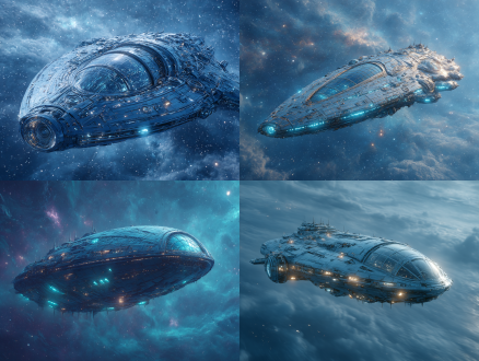 一艘未来感十足的太空飞船，流畅的金属机身带有发光的蓝色能量管道，巨大的弧形舷窗，复杂精细的机械细节，漂浮在浩瀚宇宙中，周围是旋转的星云和遥远的恒星，超细节，电影级光影，8k分辨率，融合西德·米德与莫比乌斯的风格，科幻概念艺术，逼真渲染效果