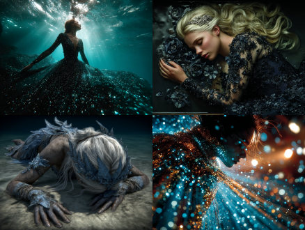 real-life art photography style, realistic, 3d modeling, a gown composed of dark, assertive, icy, and water-like elements made up of particles, black, gabriel, dark art style with particle-glowing, bioluminescent, silver glittering, long hair, androgynous dark elves, hdr realistic texture, illogical, iridescence, reflections, night, abstract, stream of consciousness, dream core, dim lighting, low visibility, with noise and dark corners. strong artistic sense. the image has a glow, brilliance, and misty effect, blending elements of horror and dream core, dream core aesthetics, digital noise and distortion effects, finding creativity in mistakes, subverting and reconstructing the existing system, strong contrast between light and shadow, bird's-eye view, striking collisions of contrasting colors, stunning, stream of consciousness, random background, soft side lighting rendering, realism, distorted fault texture with dark gold accents, spatial interweaving, cinematic shots, (realism: 1.5), soft colors, (fisheye: 1.1), panoramic aerial shot, dim light, a sense of destiny, grandeur, brilliance, as if the threads of fate are being cruelly pulled, filled with a mysterious and tense atmosphere. ue5 rendering, cinematic texture, film-like texture. 32k ultra-high definition, close-up.
