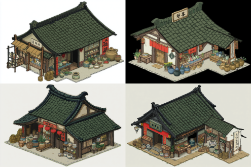 唐朝q版药铺建筑，45度俯视视角，水墨描边卡通风格，单体古风药铺，屋顶青瓦飞檐，木质结构，药铺周围摆放草药篮、药罐、晒药架，环境古色古香，色彩柔和，暖色调，鸟瞰构图，细节丰富，手绘质感，明亮自然光，宁静氛围，中国风元素