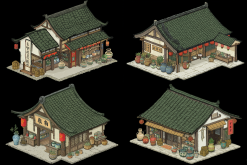 唐朝q版药铺建筑，45度俯视视角，水墨描边卡通风格，单体古风药铺，屋顶青瓦飞檐，木质结构，药铺周围摆放草药篮、药罐、晒药架，环境古色古香，色彩柔和，暖色调，鸟瞰构图，细节丰富，手绘质感，明亮自然光，宁静氛围，中国风元素