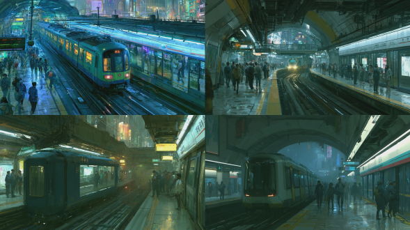 按照以下生成场景 风格：现代一线繁华都市，偏向轻赛博风，不做重度未来科幻，保留现实都市烟火气： 场景：地铁站