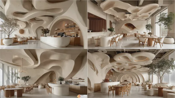 一、整体空间与色调 主色调采用奶咖、米白、浅灰为基底，搭配香槟金、哑光黑、雾面银做点缀，低饱和度视觉柔和高级。 空间动线流畅，区域划分清晰，不拥挤、不嘈杂，灯光偏暗但不压抑，营造安静、私密、有格调的社交氛围。 二、墙面与材质 墙面以艺术漆、微水泥、浅色系木饰面为主，局部搭配软包、拉丝金属线条提升轻奢感。 局部背景墙使用磨砂玻璃、透光石、简约肌理墙布，弱化厚重感，增加层次与朦胧光影。 三、灯光设计（氛围核心） 无主灯设计，以嵌入式筒灯、线性灯带、暗藏氛围灯、小吊灯为主。 吧台、卡座、音乐区做重点照明，色温控制在2700k–3000k 暖黄光，光线柔和不刺眼，与轻音乐高度适配。 角落与绿植处点缀弱光，光影错落，安静又有氛围感。 四、吧台与家具 吧台采用岩板 / 大理石台面 + 金属支撑脚，简约大气，质感高级。 吧椅为皮质 + 金属框架，线条利落，坐感舒适。 散座与卡座选用低靠背软包沙发、简约布艺单人椅，搭配小圆桌 / 长方桌，桌面以大理石、钢化玻璃、实木为主，精致不笨重。 家具间距宽松，保证交谈私密性与行走舒适度。