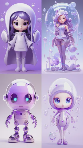 卡通角色设计，全圆角曲线，哑光浅紫与透白水晶撞色，纯平面平涂，轻时尚萌系风格，线条极简，水晶元素聚焦，圆形脑袋椭圆形身体，大垂耳镶水晶银边，浅紫圆眼带水晶高光，捧超大穿戴甲片，3d渲染，等距视图，柔和散射光，柔和粉紫色调，可爱治愈。