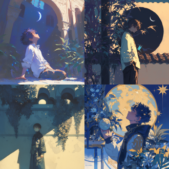 清冷少年望月，工笔画风，对称构图，古典庭院，冷色调，长焦镜头，逆光，静态，娴静，神态优雅。