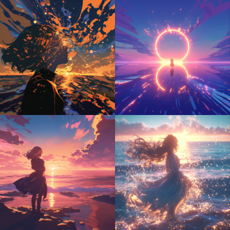 杰西卡·罗西尔配色，晚霞下海洋畔单人表演，有金黄色反光与倒影，霓虹星系飞溅，超宽屏，8k漫画风，虚幻引擎渲染，变形镜头光晕