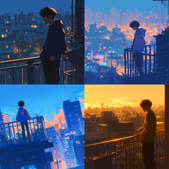 男孩静立公寓阳台扶栏望灯火，对角线构图，城市夜景，长焦镜头，暖色调逆光，静谧梦幻氛围。