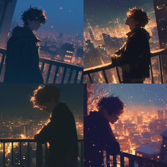 戴黑眼镜男孩背立公寓阳台扶栏望灯火，城市天际线灯闪，对角线构图，夜景，长焦，暖色调，逆光，静谧梦幻。