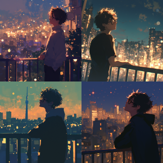 戴黑眼镜男孩背立公寓阳台扶栏望灯火，城市天际线灯闪，对角线构图，夜景，长焦，暖调，逆光，静谧梦幻。