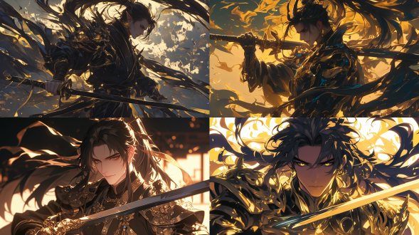 黑色长发高马尾男生侧脸半身像，黑色劲装金色云纹白色内衬，手持佩剑神情冷漠冰冷危险，恶魔眼耳后发，点彩派风格，古风武侠角色设计，黑金配色冷光环境，古代中式背景，铠甲细节，硬朗线条，锐利眼神，低角度拍摄，戏剧性光影，高对比度，暗黑氛围，锋利剑刃 创风格 星际争霸