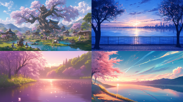 镜面湖泊，密集樱花林倒映晚霞彩虹，黄昏时分远山轮廓，花瓣漂浮水面波光纹理，云霞渐变，金色夕阳光晕水面闪烁，动漫治愈系风格，8k超精细，广角镜头，柔焦效果，高动态范围，暖色调，宁静祥和，水面反射，细腻纹理，梦幻光影