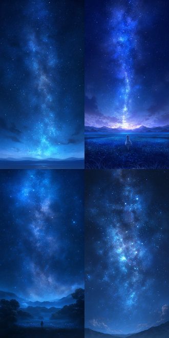 魔法般的星空，无尽繁星闪烁，顽皮精灵般跳跃，明暗交错，神秘迷人，照亮夜空，广角镜头，长曝光，深蓝色背景，高动态范围，柔和星光，梦幻氛围，静谧深邃，银河细节，冷色调，浪漫情感。