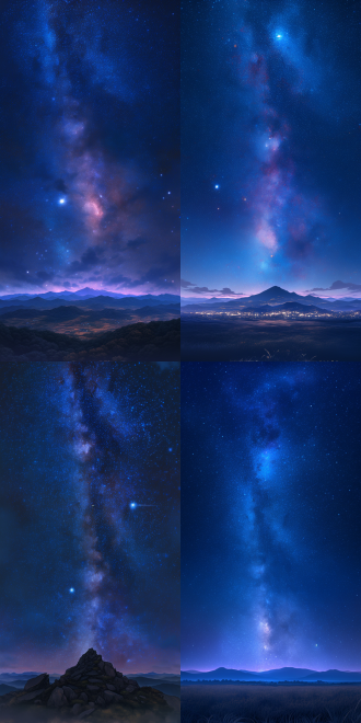 璀璨星空，天鹅座、天马座、北斗七星清晰可见，银河横贯天际，深邃宇宙背景，长曝光摄影，广角镜头，低光环境，冷色调与星芒点缀，微光映照远山剪影，宁静而神秘，超现实主义风格，高动态范围，星轨效果，银河细节丰富，令人敬畏的自然奇观。