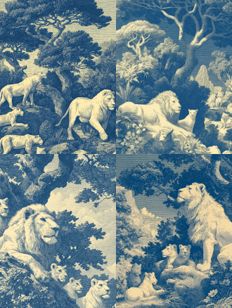 vintage monochromatic blue and white pattern design, featuring a detailed illustration of a lion pride: one majestic male lion and several lionesses, positioned elegantly among intricate and lush trees with varied foliage, tuscan countryside style, graphic illustration, intricate linework, elegant wild aesthetic, retro art deco influence, repeat pattern potential