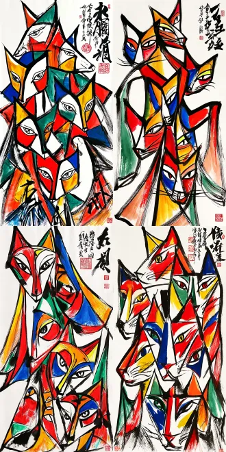 中国重彩水墨宣纸绘画，立体派风格，重叠堆叠女人曼妙水袖舞蹈形象，参考图女人动态，绘画一张海报作品，bold thick dry black ink outline strokes, highly saturated bright contrasting color blocks of red yellow blue green, fragmented multi-perspective geometric split cat faces merged together, large plain white negative space, traditional chinese calligraphy works and red stamp seals on the top right corner, rough expressive brushwork, chinese folk art decorative elements, vertical composition