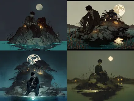 超大场景插图，氛围感插图，朦胧的月亮，悲伤的场景。 bjd质感渲染，8k高清，清楚的五官， 一个黑头发的男人坐在孤岛上，成男，成熟的，他的外貌身高都是普通成年人的了，可是却穿着一件比较小的学校校服，他坐在孤岛的礁石上，手里拿着个破旧的玩具，神情冷漠的坐着，他的身后是温暖的灯光与房屋，与他隔离 这个小岛只有他独自一个人，有月亮，有芦苇，湖水亮亮的，冷月，冷湖， 童年，被遗弃的人，创伤。 低饱和色调，清透