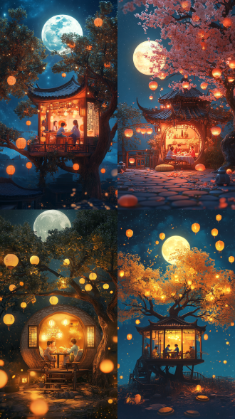 on the mid-autumn festival night, a house shaped like a giant mooncake, inside of which a family of three is having a reunion dinner. the house is under a tree adorned with lanterns, and the night sky is adorned with a full moon. the warm light creates a warm and festive atmosphere. ai generated, in 3d style, with exquisite details.