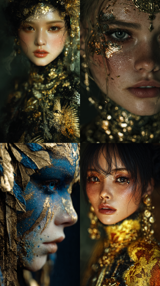 real girl and the classic of mountains and seas, half-face portrait, vibrant makeup, luxurious attire, complex accessories, rich in detail, light and dark transitions, perfect highlights, dark style, hazy atmosphere, dark color scheme, masterful brushstrokes, gold foil texture, grainy texture, high-definition and ultra-high-definition, cinematic quality, finely detailed facial features, delicate skin texture, fair and lustrous complexion, 32k.