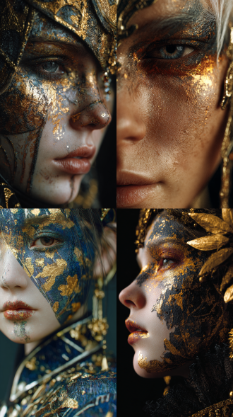 real girl and the classic of mountains and seas, half-face portrait, vibrant makeup, luxurious attire, complex accessories, rich in detail, light and dark transitions, perfect highlights, dark style, hazy atmosphere, dark color scheme, masterful brushstrokes, gold foil texture, grainy texture, high-definition and ultra-high-definition, cinematic quality, finely detailed facial features, delicate skin texture, fair and lustrous complexion, 32k.