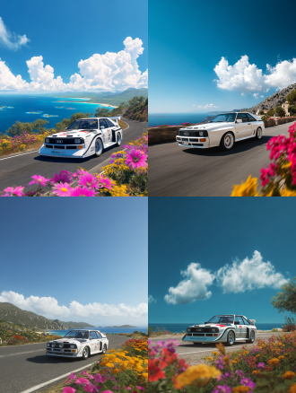 白色audi quattro s1 ，海滨公路，海岛风情，蓝天白云，路边五颜六色的花，蓝色的大海，8k高清分辨率