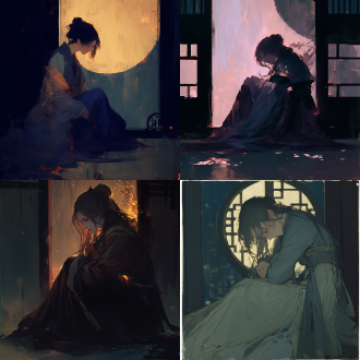 宋代女人侧身跪坐门口，夜晚背景，服饰凌乱低垂，低头悲伤表情，侧面轮廓，居中构图，细腻光影，慢速快门，情绪深沉，暗色调，微弱月光，柔焦效果，古风建筑，细节纹理，忧伤氛围，人物特写，低角度拍摄，古典美学，意境深远，侧逆光，丝绸材质，风吹发丝，静态动态结合