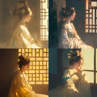 a song dynasty noblewoman sits beside a window, her luxurious attire and headgear, a melancholic expression, side profile, centered composition, delicate lighting and shadows, slow shutter speed, profound emotions, soft blur effect, ancient architectural style, detailed textures, a melancholic atmosphere, close-up of the character, low angle shot, classical aesthetics, profound artistic conception, side backlighting, silk texture, wind-blown hair, a combination of static and dynamic elements, warm tones, bright, and a delicate painting style.