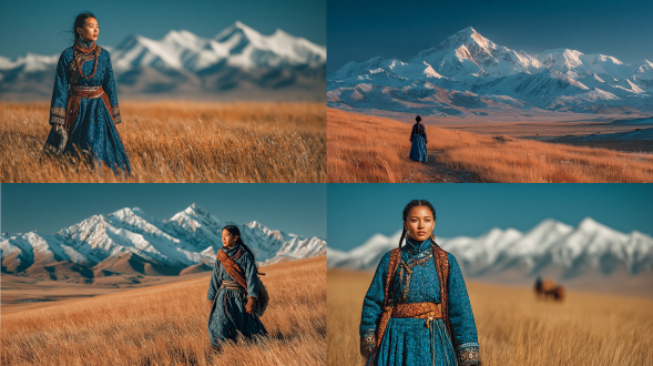 藏族少女穿着群青色民族服饰，走在草原雪山间，金色阳光洒落，宏大构图，黄金比例，人物占画面10%位于五分之二处，白色40%绿色20%蓝色30%金色10%，广角镜头，侧逆光，柔和的自然光，服饰细节精致，表情宁静祥和，高原环境，天空纯净，雪山巍峨，草原辽阔。