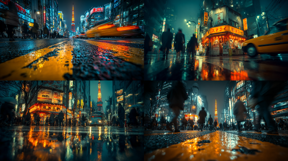 日本的超酷街头，未来感霓虹灯，高科技建筑，现代与传统融合，白色30%，金色20%，银色10%，蓝色40%，广角镜头，低角度拍摄，动态模糊，长曝光，金属质感，反射光，冷色调，蒸汽波风格，行人穿梭，赛博朋克氛围，神秘感，光影交错，城市夜晚，细节丰富，高对比度。