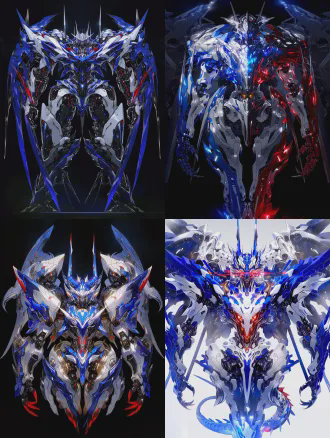 帅气精美的妖神生物机甲，对称机械结构，蓝白红莹光线条，冰冷威武气质，兼具神魔造型特征，全景站立，细腻高光与反光，超高清8k画质，丰富细节，锐利棱角，大师级光影，亮面材质，重型机甲，科幻风格，冷酷威严，极致分辨率，全身特写。