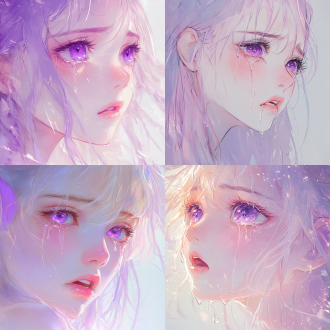 动漫风格插画，甜美女孩轻粉色头发紫色眼睛紫色耳尖，流眼泪哭泣，特写镜头，柔和光线，浅色调背景，微距摄影，细腻笔触，光影交错，眼泪晶莹，忧伤表情，水彩质感，梦幻氛围，低饱和度，温柔色彩，情感强烈