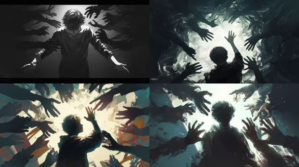 匀称男孩，漆黑房间，头顶光束，伸手抓光，表情绝望，黑暗之手环绕纠缠，高对比度，伦勃朗光，暗黑风格，35mm镜头，低角度拍摄，冷色调，动态模糊，悬浮尘埃，超现实主义，压抑氛围，恐惧情绪。