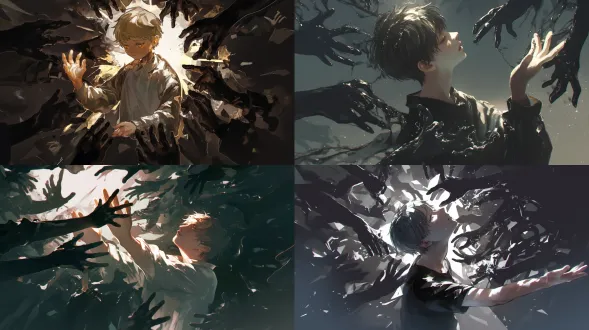 一个身材匀称的男孩子，在一个黑黑的房间里，头上射下一道光，男孩子用手去抓那道光，脸上充满绝望，光的周围有无数的黑暗的手，去抓那个男子，绝望的氛围